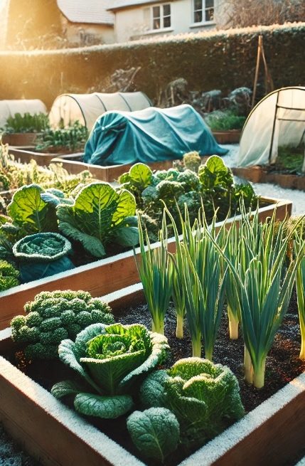Jardins potagers avec laitues, oignons et choux, ensoleillés et bien entretenus.