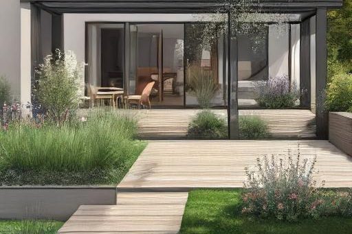 Terrasse en bois devant une maison moderne, entourée de plantes et de fleurs.