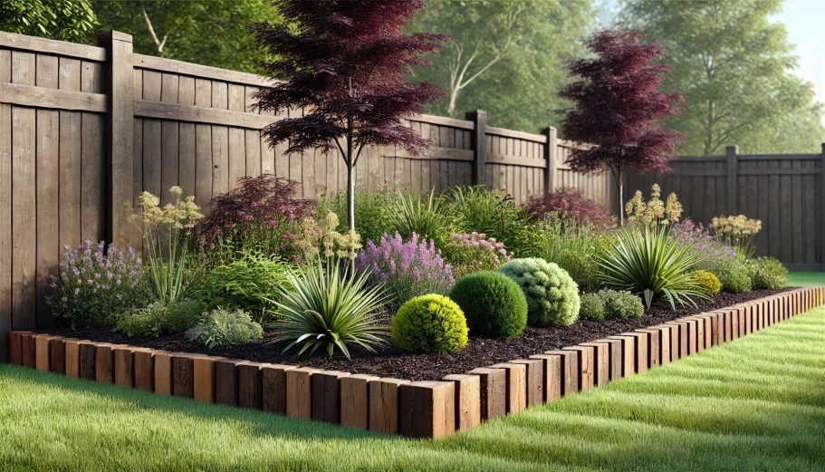 Jardin bien aménagé avec des plantes variées et des arbres, entouré d'une clôture en bois.