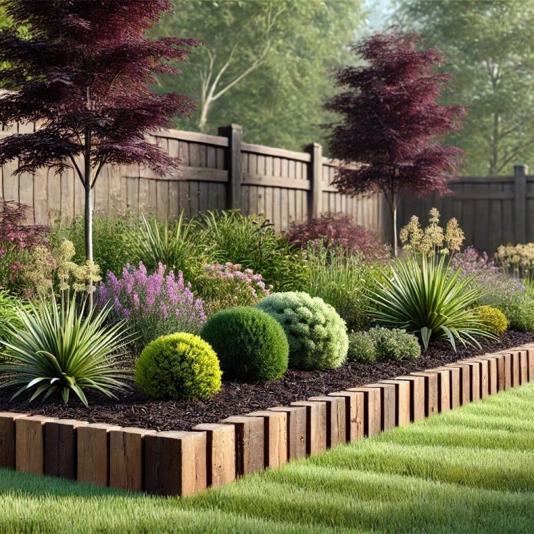 Jardin avec des plantes variées et bordure en bois, entouré d'une clôture.