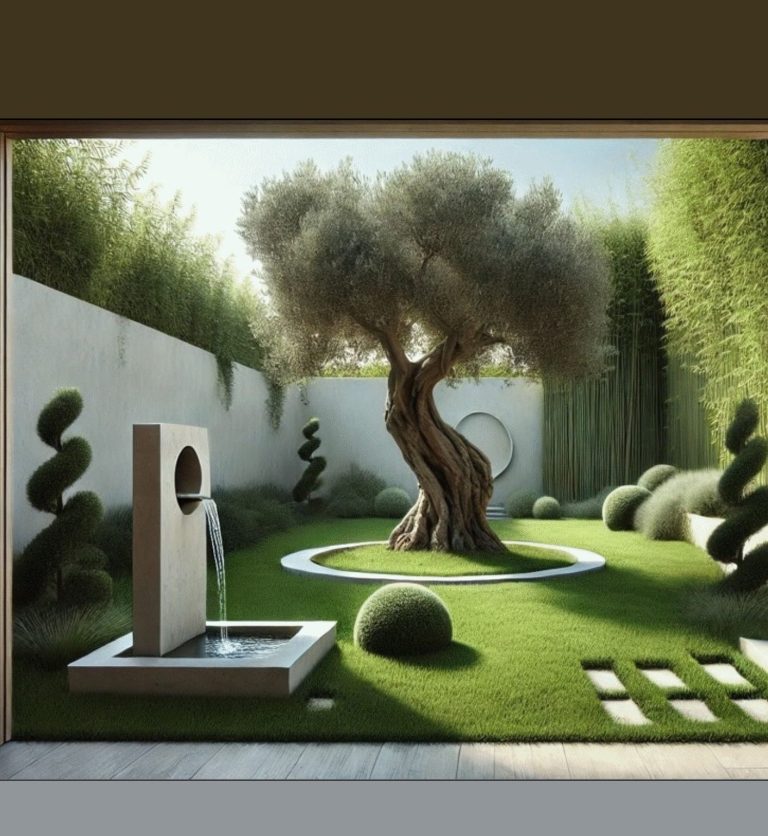 Jardin zen avec un olivier, fontaine, buissons taillés et pelouse verte.